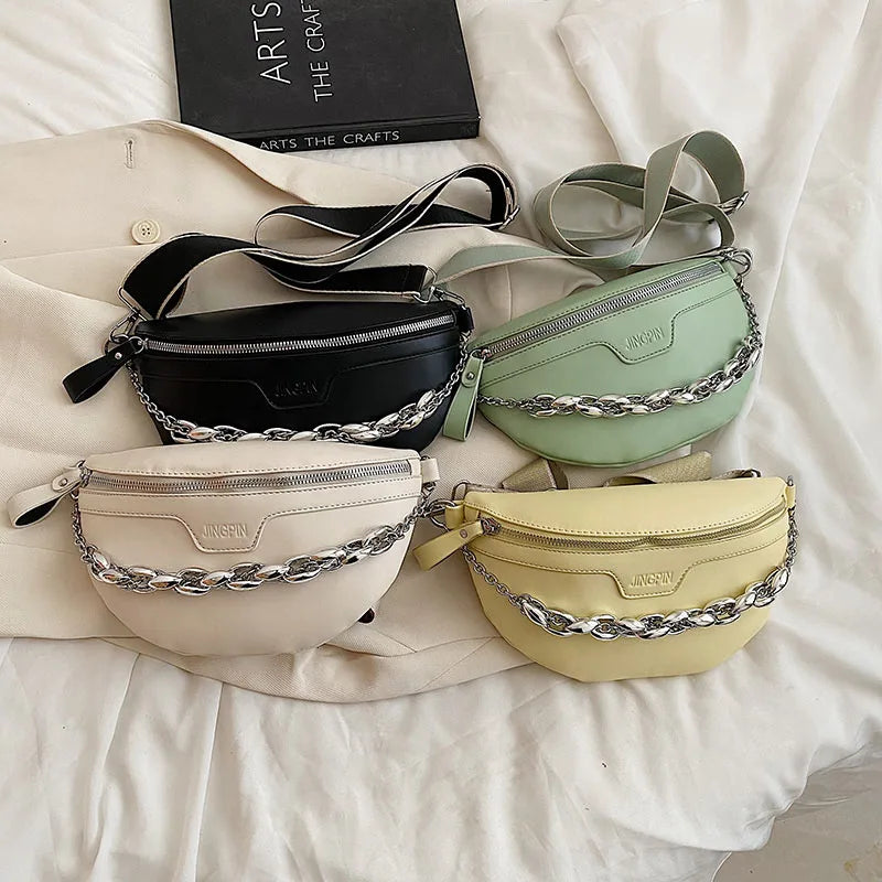 Thick Chain Leather Fanny Pack Waist Bag Shoulder Crossbody Bag