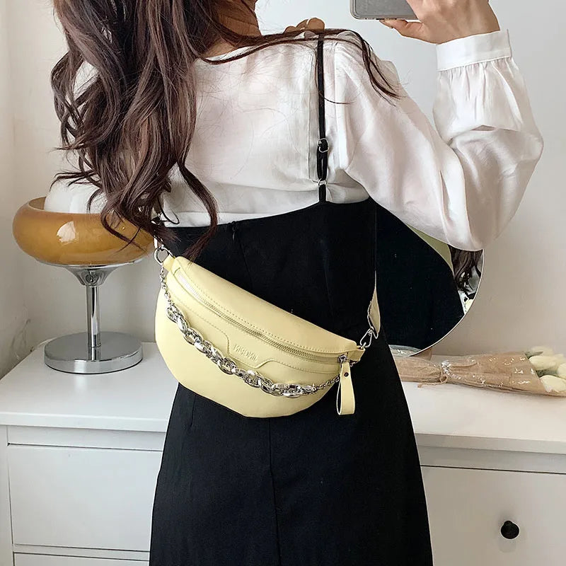 Thick Chain Leather Fanny Pack Waist Bag Shoulder Crossbody Bag