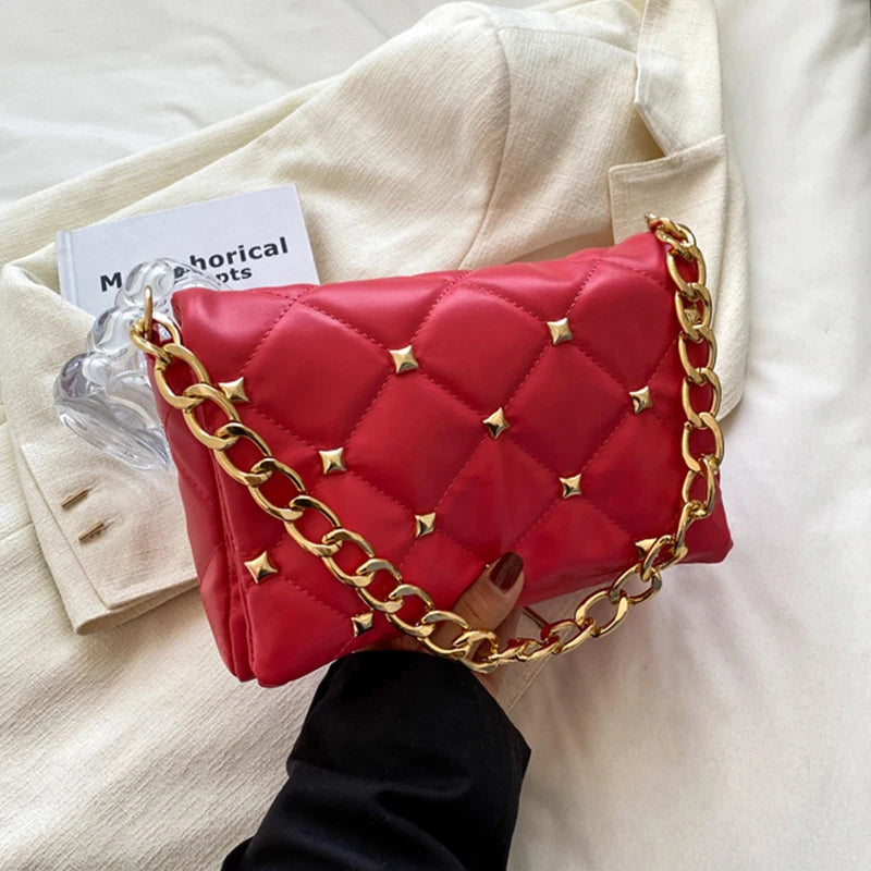Women's Rivet Flap Shoulder Bag PU Leather Handbag