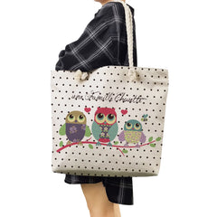 Owl Print Linen Beach Shoulder Bag Large Capacity Shopping Handbag