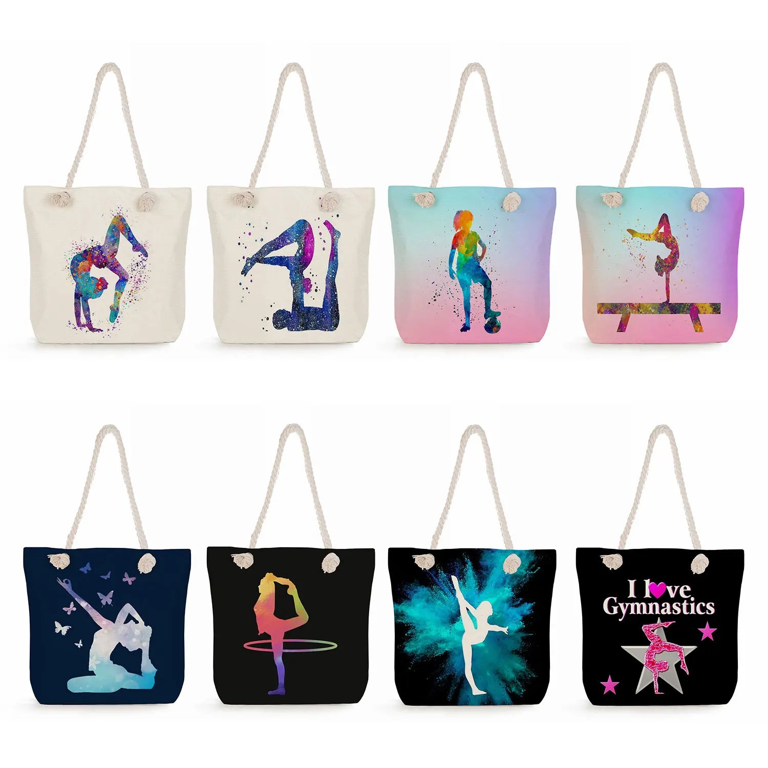 Thick Rope Tote Bags Watercolor Gymnastics Art Print Shoulder Bags