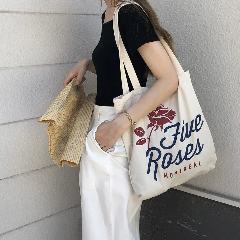 Canvas Women's Shoulder Bag Retro Rose Pattern Eco Shopping Tote Handbag