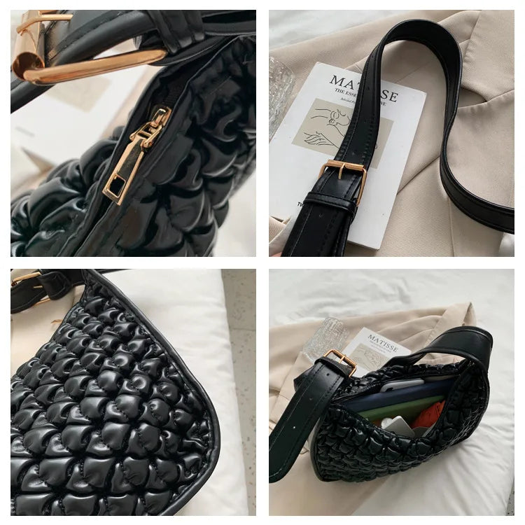 Ruched Axillary Bag PU Leather Handbag Wide Strap Crossbody Bag