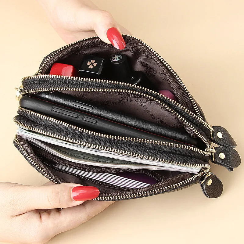 Three Layer Zipper Leather Phone Bag Wallet Purse