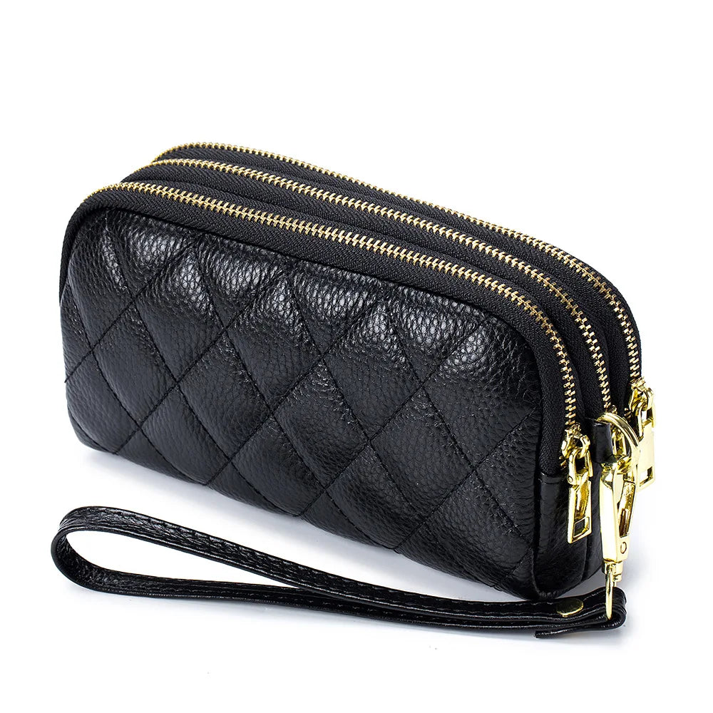 Three Layers Women's Large Capacity Cowhide Leather Clutches Purses Wallets