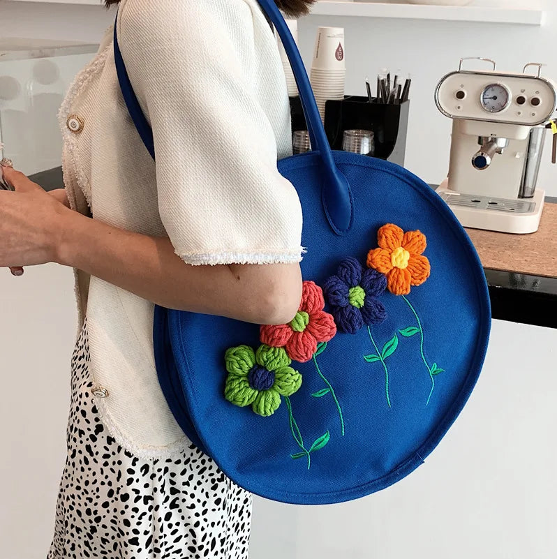 3D Flower Embroidery Cotton Shoulder Bag Tote