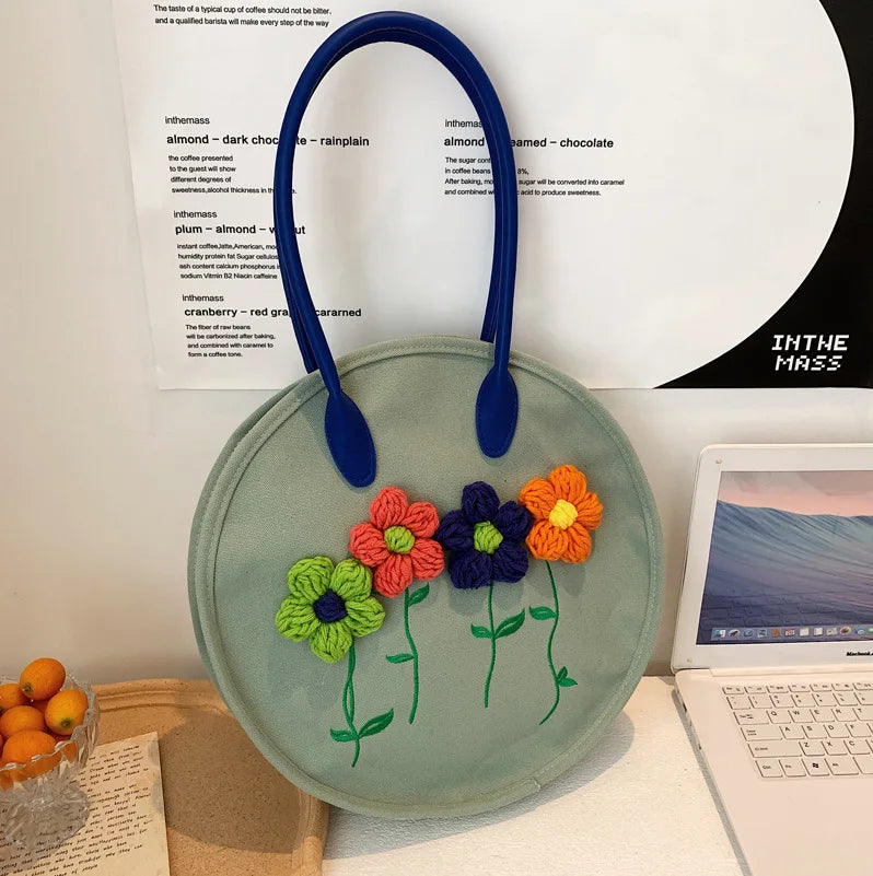 3D Flower Embroidery Cotton Shoulder Bag Tote