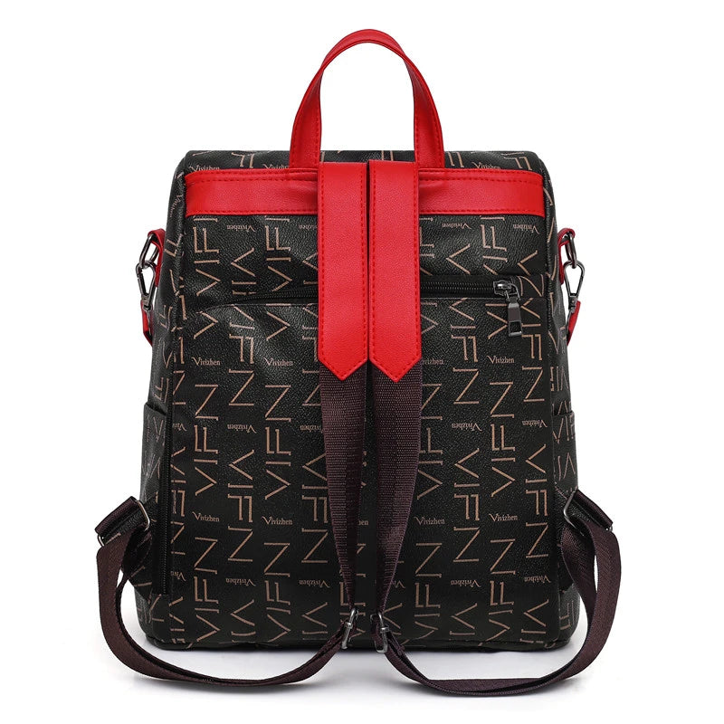 Tide Printed Ladies Backpack Multifunctional Youth College School Bag PU Ladies
