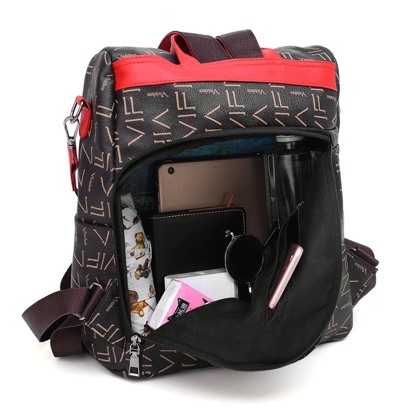 Tide Printed Ladies Backpack Multifunctional Youth College School Bag PU Ladies