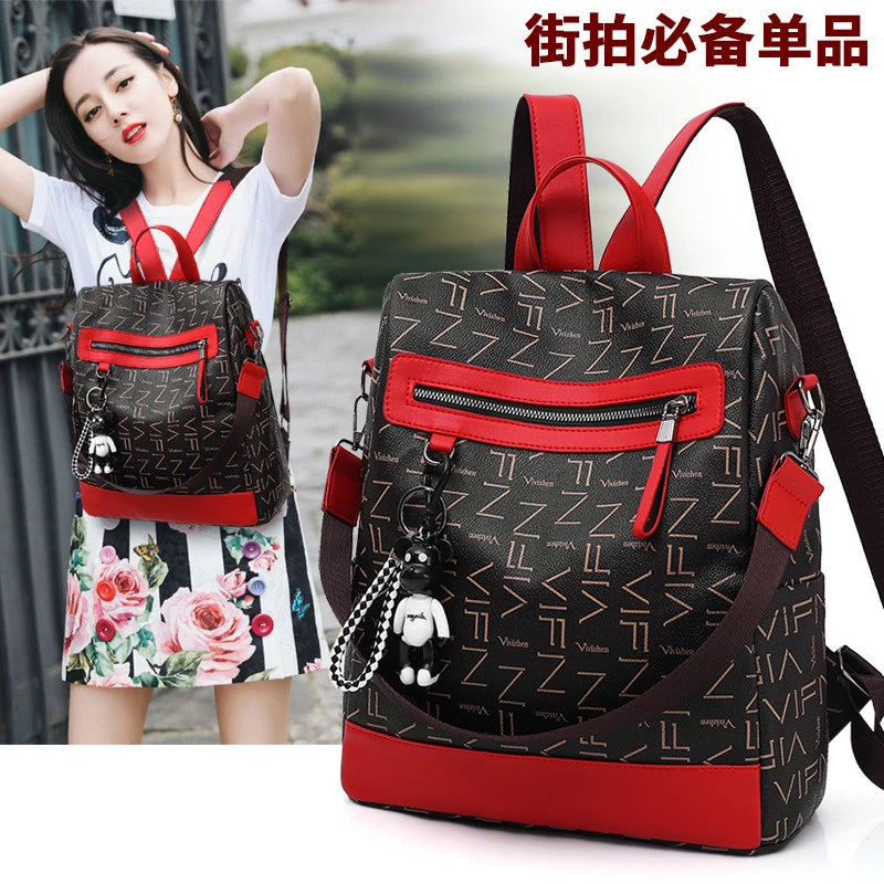 Tide Printed Ladies Backpack Multifunctional Youth College School Bag PU Ladies