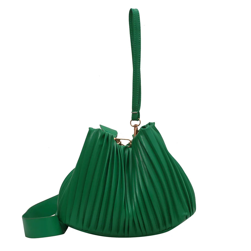 Top-Handle Bucket Bag Women PU Leather Pleated Solid for Travel Shopping