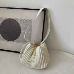 Top-Handle Bucket Bag Women PU Leather Pleated Solid for Travel Shopping