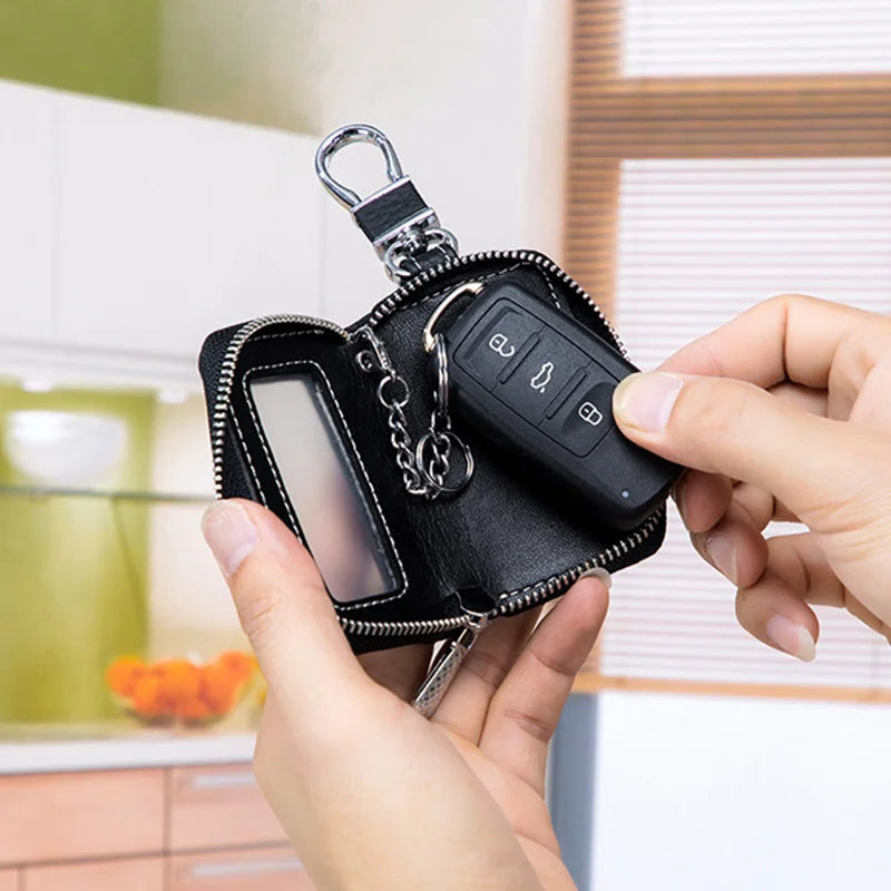 Cowhide Car Keys Holder Wallets Mini Zipper Keychain Organizer Pouch