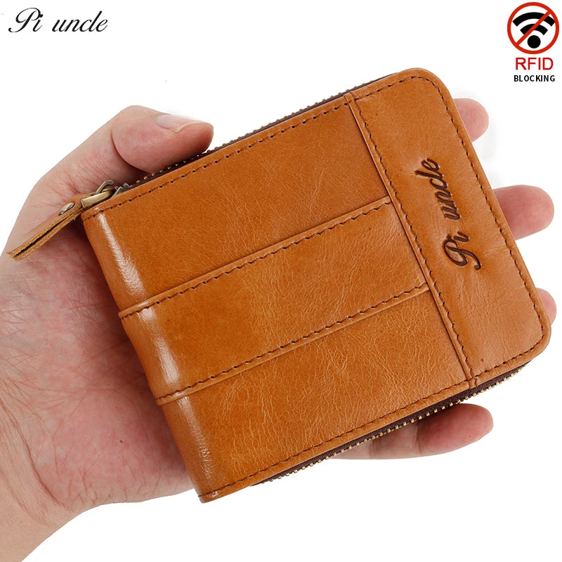 Top Cow Leather Zipper Wallet For Men Short Purse With Passport Holder