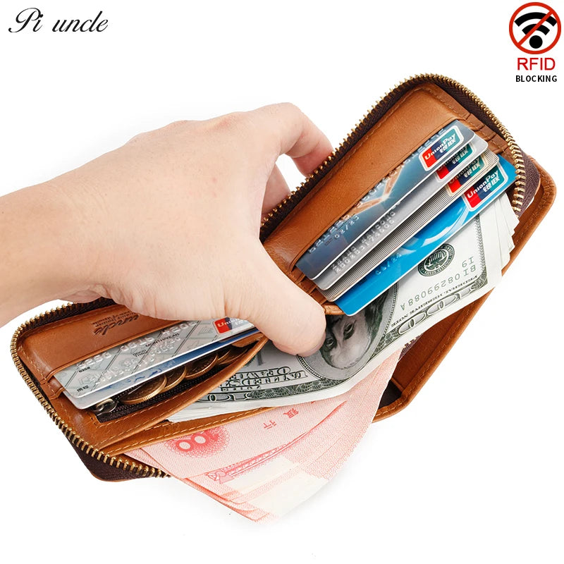Top Cow Leather Zipper Wallet For Men Short Purse With Passport Holder