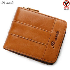 Top Cow Leather Zipper Wallet For Men Short Purse With Passport Holder