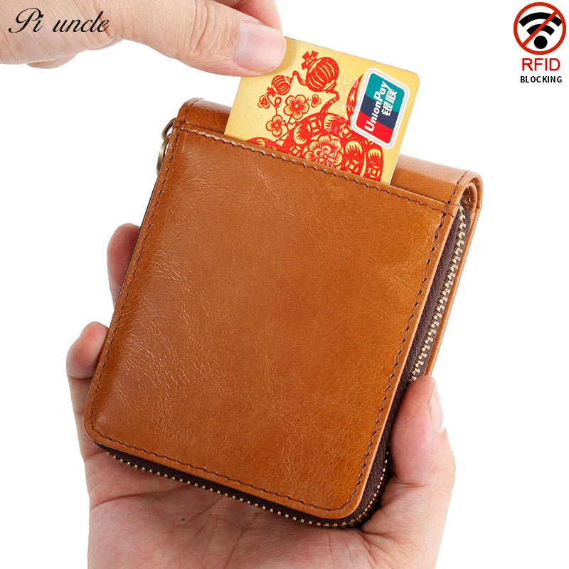 Top Cow Leather Zipper Wallet For Men Short Purse With Passport Holder