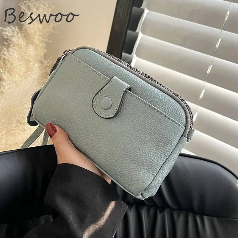 Cow Leather Purse Multifuntion Zipper Crossbody Bag