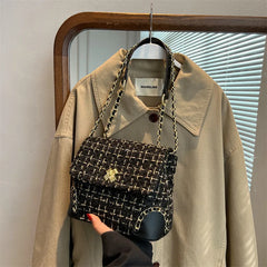 Tweed Weave Plaid Crossbody Bag Chain Flap Shoulder Handbag