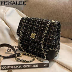 Tweed Weave Plaid Crossbody Bag Chain Flap Shoulder Handbag