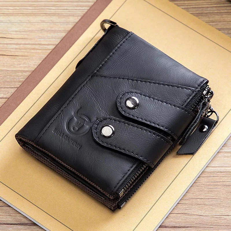 TopFight Leather Men Wallet Zipper Button Male Money Purse Belt Chain