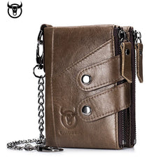 TopFight Leather Men Wallet Zipper Button Male Money Purse Belt Chain