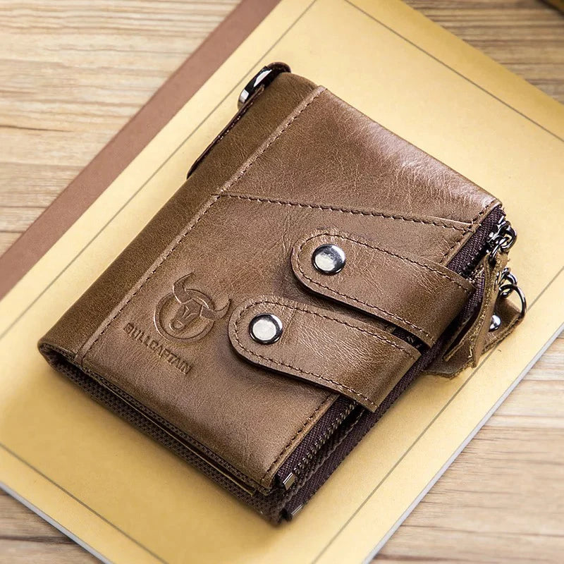 TopFight Leather Men Wallet Zipper Button Male Money Purse Belt Chain