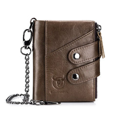 TopFight Leather Men Wallet Zipper Button Male Money Purse Belt Chain