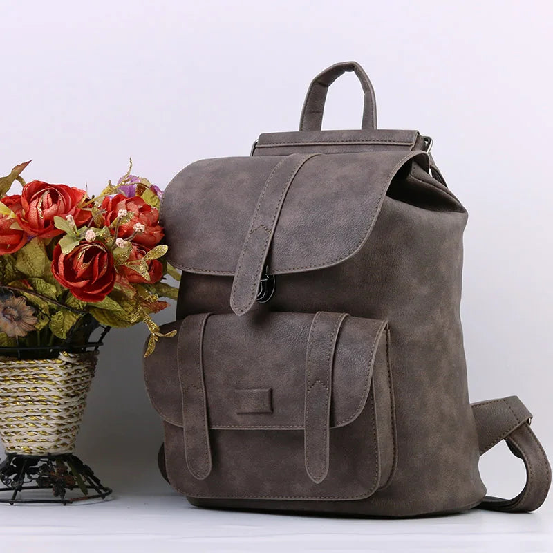 Solid Hasp Female Bag PU Leather Backpack