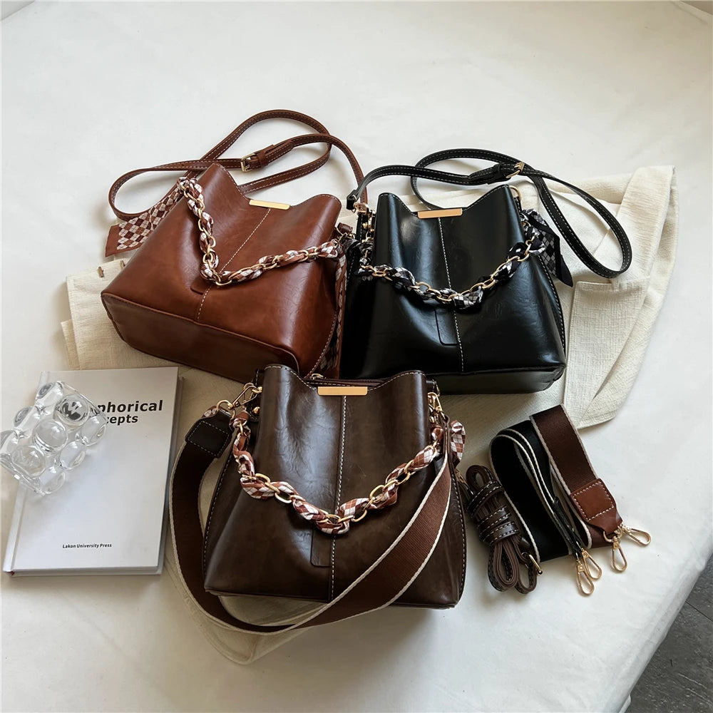 Vintage Crossbody Bag PU Leather Handbags Wide Strap Small Shoulder Bags
