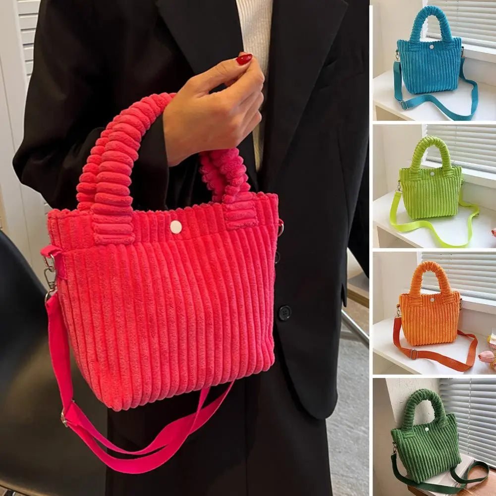 Corduroy Bucket Handbag Crossbody Tote Bag Button Closure Storage