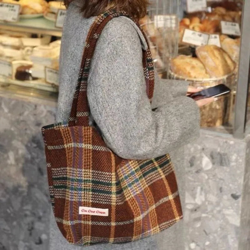 Plaid Wool Shoulder Bag Large Capacity Soft Handbag