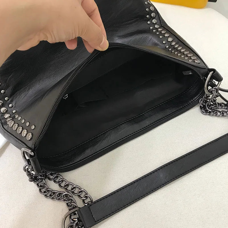 Rivet Chain Shoulder Bag Soft Leather Large Capacity Messenger Bag