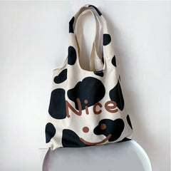 Canvas Shoulder Bag Smiley Cow Print Large Capacity Handbags