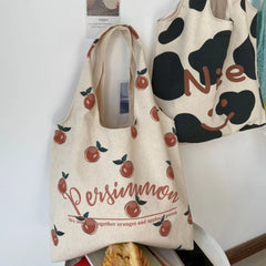 Canvas Shoulder Bag Smiley Cow Print Large Capacity Handbags