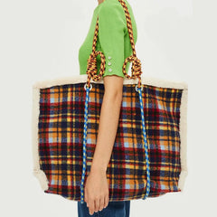 Plaid Shoulder Bag Retro Style Plush Large Capacity Handbag for Women