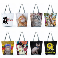 Foldable Cat Print Shopping Bag Reusable Women Shoulder Bags