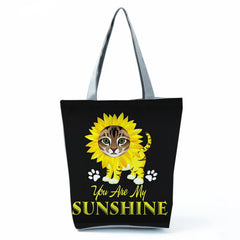 Foldable Cat Print Shopping Bag Reusable Women Shoulder Bags
