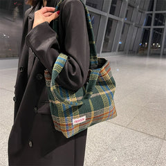 Plaid Wool Shoulder Bag Women's Shopper Large Capacity Travel Handbag