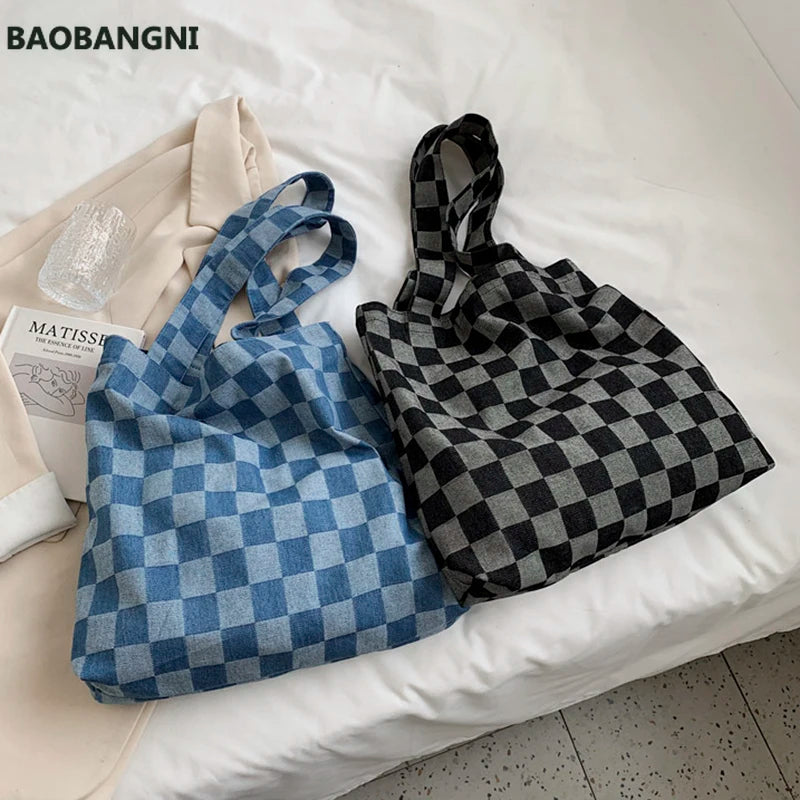 Plaid Canvas Totes Bag for Women Large Capacity Shoulder Bag
