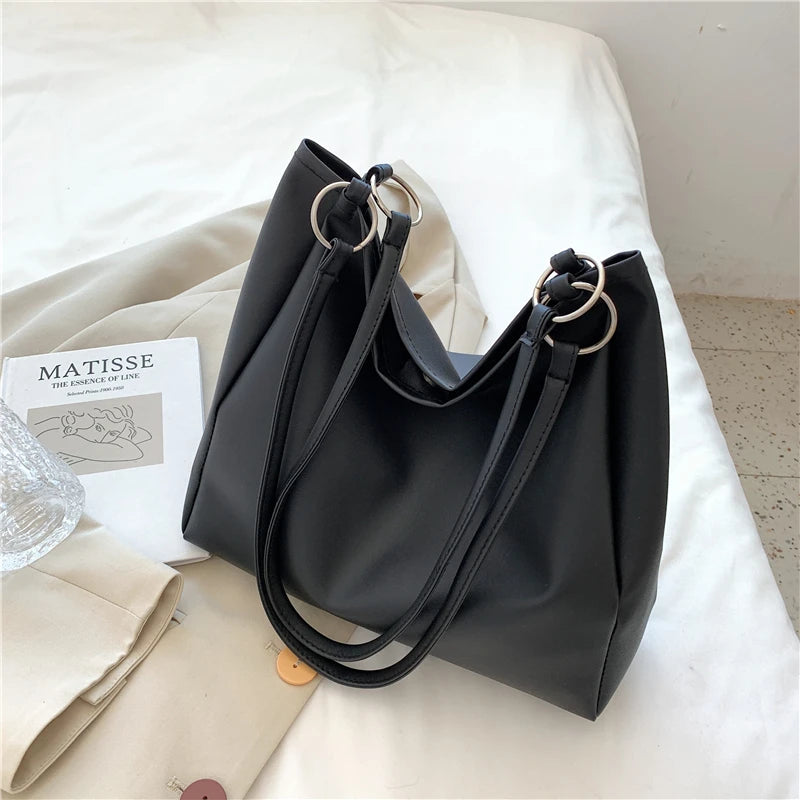 Solid Large Capacity PU Leather Shoulder Bag