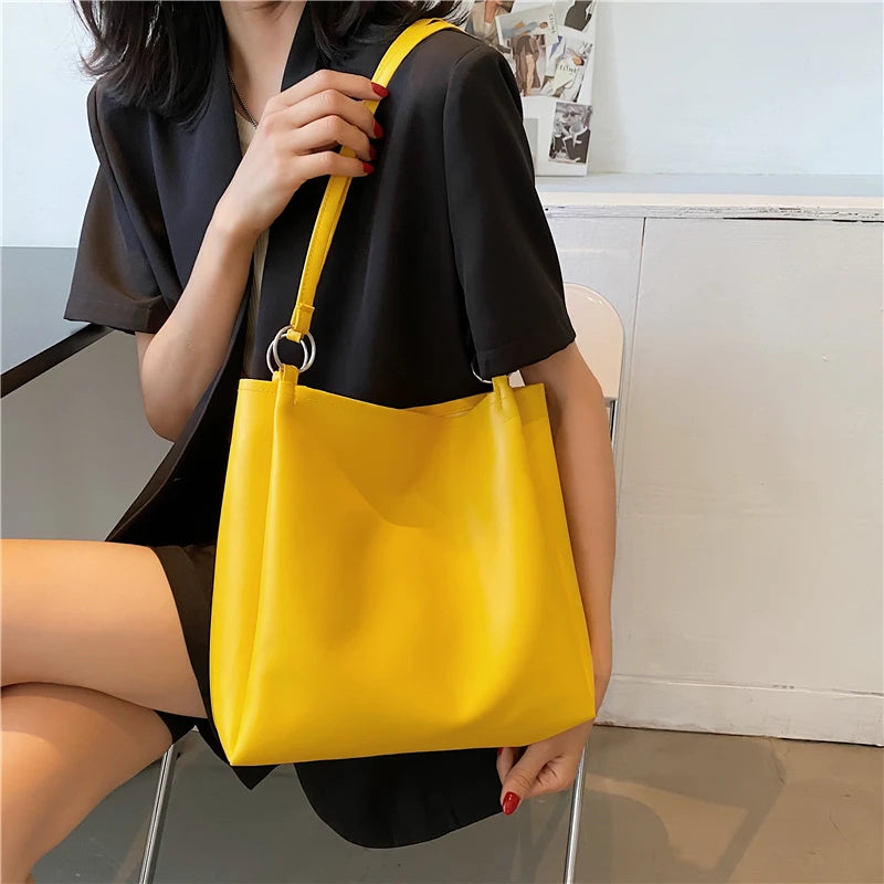 Solid Large Capacity PU Leather Shoulder Bag