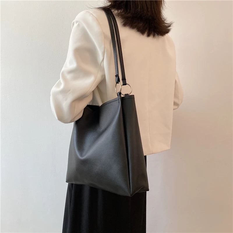 Solid Large Capacity PU Leather Shoulder Bag