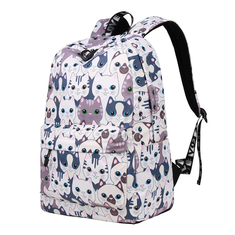 Toury Women Backpack School Bags Cat Print Preppy Style Large Capacity