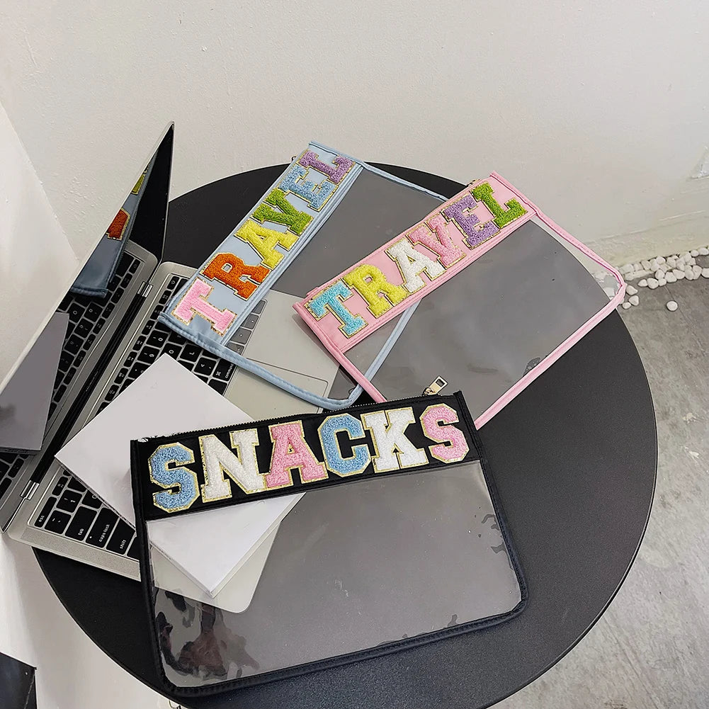 Clear PVC Cosmetic Bag Clutch + Letter Patches