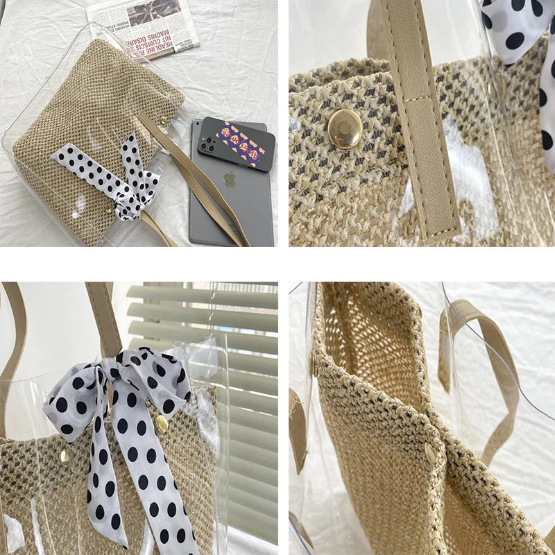 Transparent Tote Shoulder Bag Waterproof PVC Dot Ribbons Straw Weave