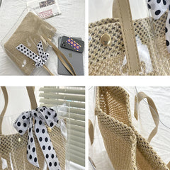 Transparent Tote Shoulder Bag Waterproof PVC Dot Ribbons Straw Weave