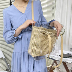 Transparent Tote Shoulder Bag Waterproof PVC Dot Ribbons Straw Weave