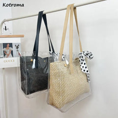 Transparent Tote Shoulder Bag Waterproof PVC Dot Ribbons Straw Weave