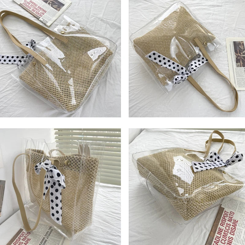 Transparent Tote Shoulder Bag Waterproof PVC Dot Ribbons Straw Weave